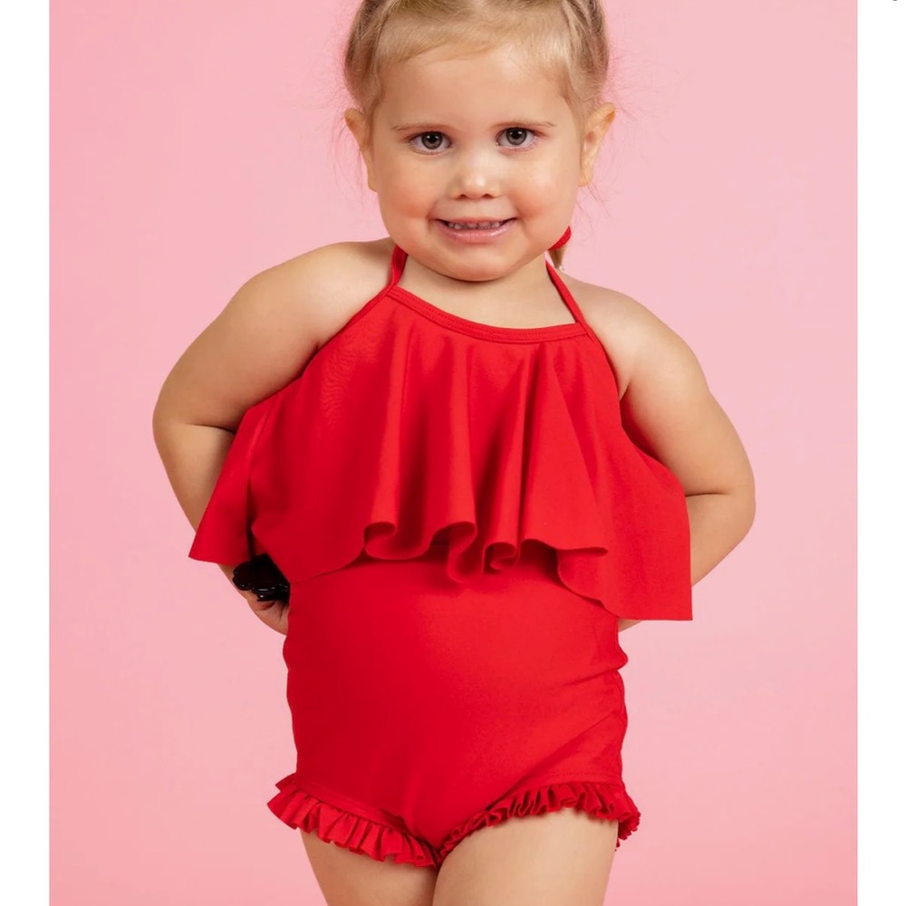 Kortni Jeane lipstick red ruffle swim bottoms and swing top. EUC. 12-18